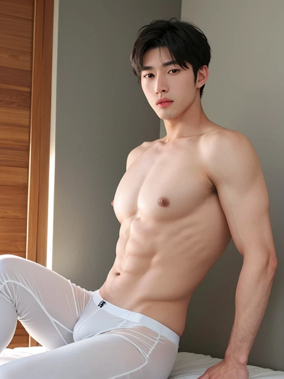 Realistic handsome Japanese guy, 18 years old, with black short hair, wear tight white briefs underwear, tight underwear, briefs, white underwear, big bulge, sexy