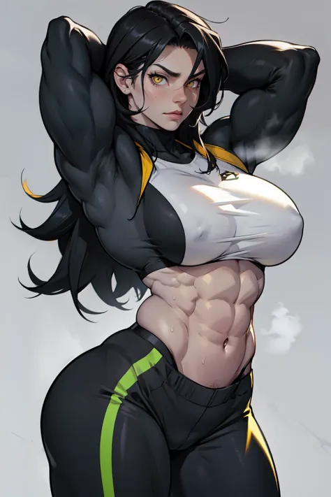 girl (1girl muscular grey background pale skin bodybuilder huge breasts) toned body thin waist black hair yellow eyes straight hair sweaty hair between eyes skintight