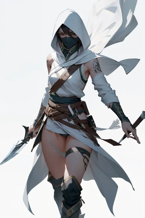 (Best quality at best,4K,8K,A high resolution,tmasterpiece:1.2),midnight,, akali, 1girl, long_sleeves,white hood,white short panties,,tattoo , standing, full_body, weapon,scythe,Dagger,,white boots, white belt,white mask