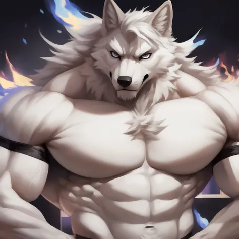 upload on e621, Masterpiece, best quality, ultra high res, 4K, 8k HD, 2D, perfect anatomy, digital art, official art, extreme detailed, ultra detailed, strapsanime, color, soft shading, sharp focus, gym background, powered up fire aura, 1boy, white body fu...