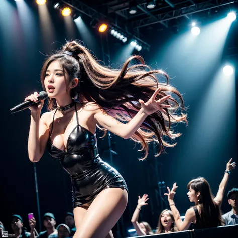 K-pop idols performing on stage, back view from down, black short tight dresses, song performance, Kpop girl group, riotous atmosphere, stage above the hall, (best quality, 8k, 16k, highres, masterpiece:1.2), ultra-detailed, (realistic, photorealistic, pho...