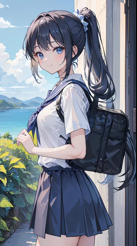 ((masterpiece)), ((best quality)), ((highres)), ((extremely detailed CG unity 8k wallpaper)), solo, girl with white long ponytail hair blue shading, gray eyes blue shading, tan school uniform, dark blue shirt skirt,carries black schoolbag, mappa studio, sh...