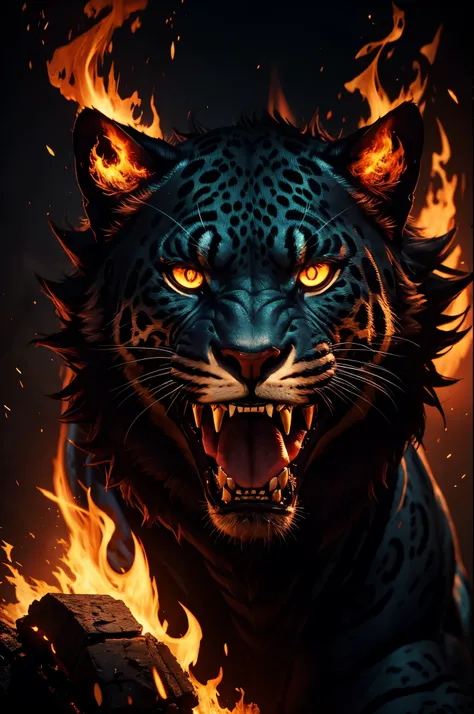 nightmare beast Jaguar, flames, best quality, cinematic lighting, beautiful,