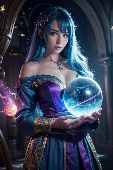 (a)pretty,(a)blue-haired,(a)nerd,(a)mage,(a)sexy,mage robes,illustration,(best quality,4k,8k,highres,masterpiece:1.2),ultra-detailed,(realistic,photorealistic,photo-realistic:1.37),crystal ball,spellcasting,book of spells,magic wand,glowing runes,mystical ...