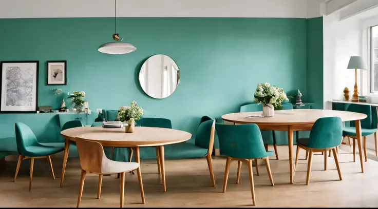 Mint color chairs at round wooden dining table in room with sofa and cabinet near green wall. Scandinavian, mid-century home interior design of modern living room