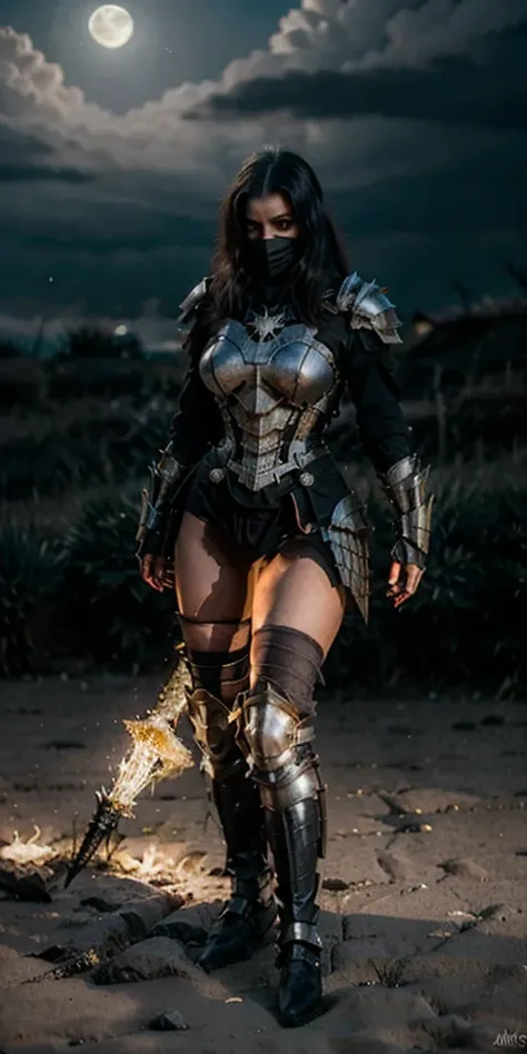 Hay un hermosa mujer , en armadura de cazador de monstruos, Traje intrincado, Usando armadura de cazador de monstruos, lunar themed attire, en un traje de mercenario del espacio oscuro, Bruja oscura de moda, Chica bruja mecanizada, Armadura de piel negra, ...