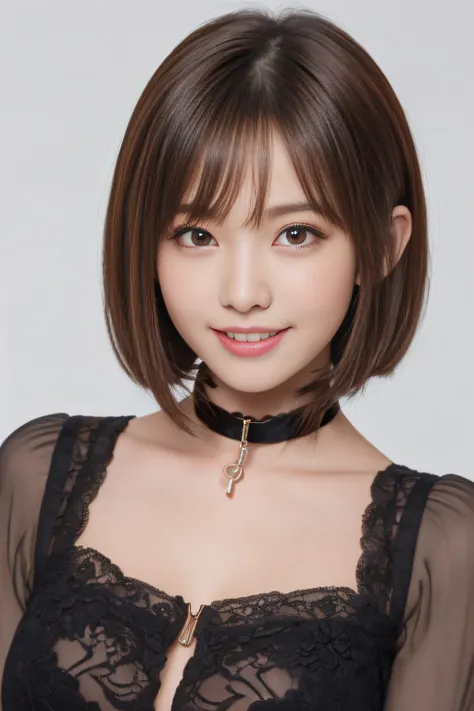 masutepiece, Best Quality, One girl, (Beautiful Girl:1.3), (20 years old:1.2), Very fine eye definition, (Symmetrical eyes:1.3), NSFW, (high detail mini dress、choker with lock:1.3), Beautiful breasts, Brown eyes, Parted bangs, Brown hair, Upper teeth、Backg...