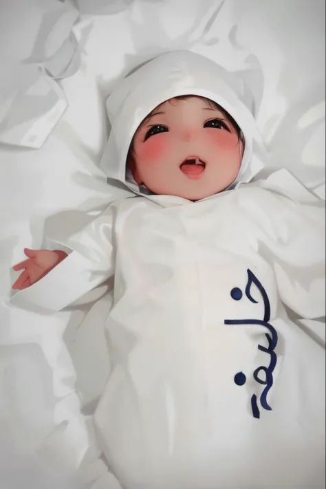 there is a baby in a white outfit laying on a bed, riyahd cassiem, cutest, reyyan, adorable, cute boy, good face, full body shot close up, arabic, full body close-up shot, innocent face, with a happy expression, adar darnov, beautifully, cute face, super a...