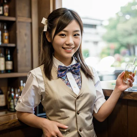 Japanese bartender girl, bow tie, masterpiece, best quality, smile, vest