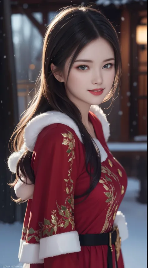 (Aesthetic, High Resolution: 1.2), full-body portrait of a beautiful 20-year-old woman wearing an intricately detailed red boby Santa Claus costume, symmetrical costume structure, clear eyes bright, happy smile, changed hairstyle, snow is falling, snow in ...