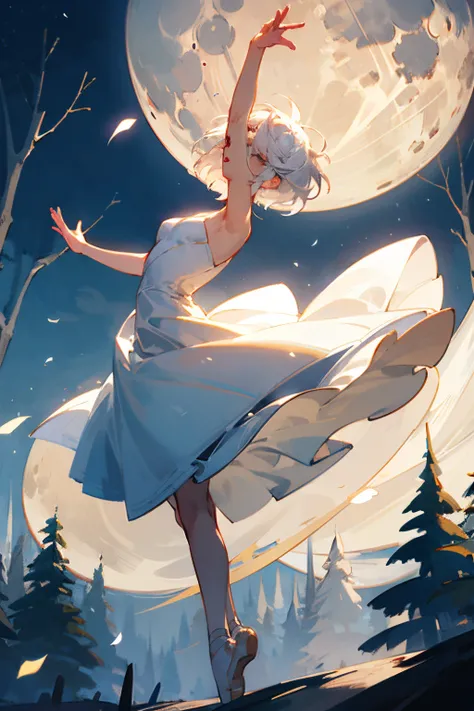 1girl, white hair, short hair, dancing ballet under the moon, forest, white dress