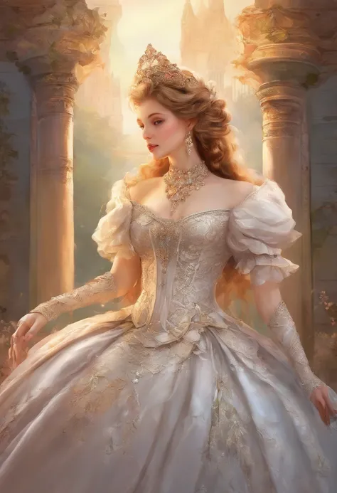 Fairytale Illustration, A Stately and Elaborate Royal Victorian Court Dress of silver damask adorned with (((bows))), poufs, ruffles, frills, lace, (((embroidery))), and jewels,, with (((enormous puffed sleeves))), an hourglass waist, and a (((huge crinoli...