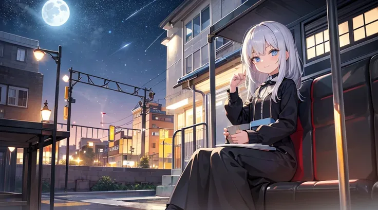 A small girl with silver hair and blue eyes sitting to a black cat with yellow eyes and smiling next to a train station with no one around them in a night starry sky with full moon