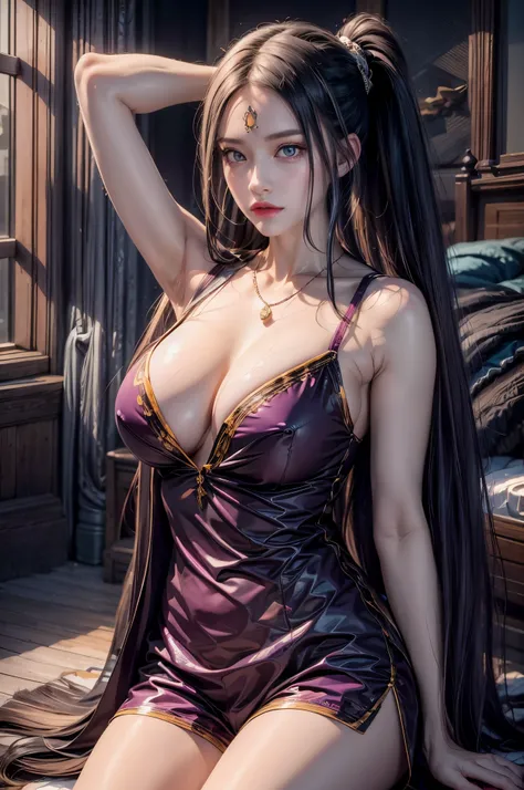 realistic, 1girls, best quality, 12k, HD, long hair, big round breasts, cleavage, ponytail, necklace, jewelry, shorts, short jacket, slim hips, hair tie, yellow eyes, black hair, purple color clothes, super detail, Eye detail, hair detail, person detail, m...