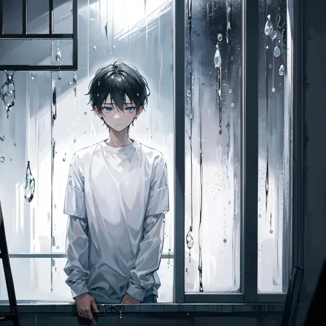 Illustrate a poignant scene portraying a lonely and depressed boy, capturing the emotions of isolation and introspection,Add a rainy window to the background, with droplets sliding down the glass. This visual metaphor symbolizes the external and internal s...