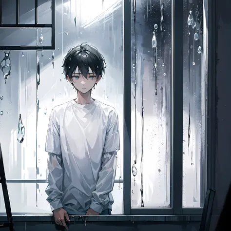 Illustrate a poignant scene portraying a lonely and depressed boy, capturing the emotions of isolation and introspection,Add a rainy window to the background, with droplets sliding down the glass. This visual metaphor symbolizes the external and internal s...