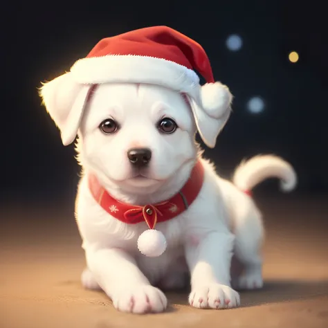 White puppy dog with pointy ears Disney Pixar style in Christmas setting