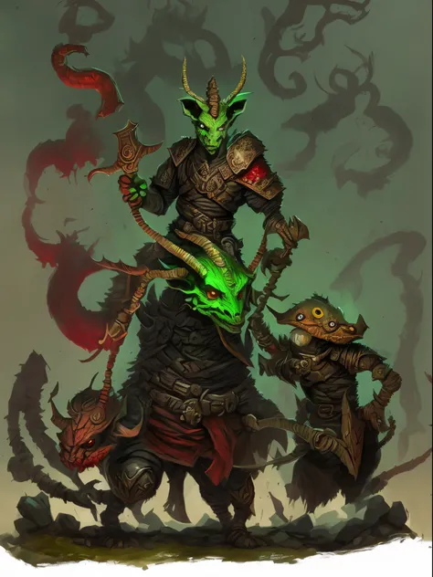 A smaller Dragonborn goblin. Who’s green and red in coloration and has big horns. More animal than humanoid in physique. Wields a giant claymore. Drawn in cute or cartoonish style