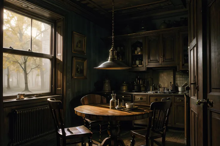 (best quality,4k,8k,highres,masterpiece:1.2),ultra-detailed,(realistic,photorealistic,photo-realistic:1.37),oil painting,Spooky Kitchen,dark atmosphere,eerie lighting,old-fashioned furniture,creepy dolls,hidden shadows,ghostly reflections,hauntingly beauti...