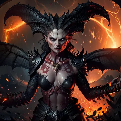 Lilith inside a church, fire, lightning, blood, Face & Chest, towards the mouth, erotic gesture, with the hands, background, angry look, anger, drone, lava, volcanoes, lava sea, in the style of D14bl0