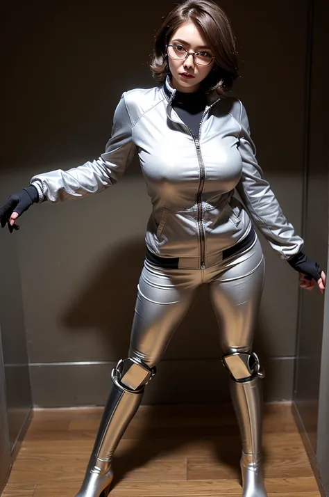 (masterpiece), 1girl, solo, brown hair, short hair, spirals hairstyle, glowing silver eyes, glasses, prosthetic metal body, large breasts, brown jacket, gloves without fingers, prosthetic tubes on body, prosthetic legs, brown boots, random pose