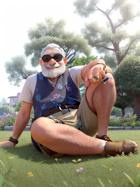 A wise old man sitting in a garden with dark hair, a beard and a white mustache with sunglasses, wearing floral shorts, a tank top with his legs crossed and a bracelet and ring on his left hand