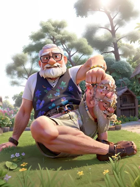 A wise old man sitting in a garden with dark hair, a beard and a white mustache with sunglasses, wearing floral shorts, a tank top with his legs crossed and a bracelet and ring on his left hand