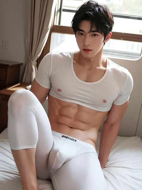 Realistic handsome Japanese guy, 18 years old, with black short hair, wear tight white briefs underwear, tight underwear, briefs, white underwear, big bulge, sexy