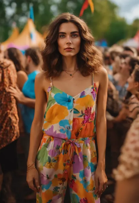 Amelie poses in front of a colorful and diverse crowd at a music festival, shes wearing a funky jumpsuit,original,Amelie is a beautiful fashion model. She has long brown hair and is 5’9 inches tall.