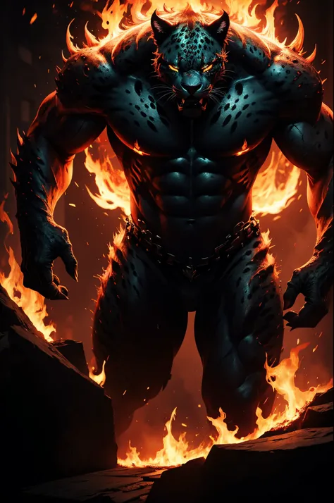 nightmare beast Jaguar, flames, best quality, cinematic lighting, beautiful,