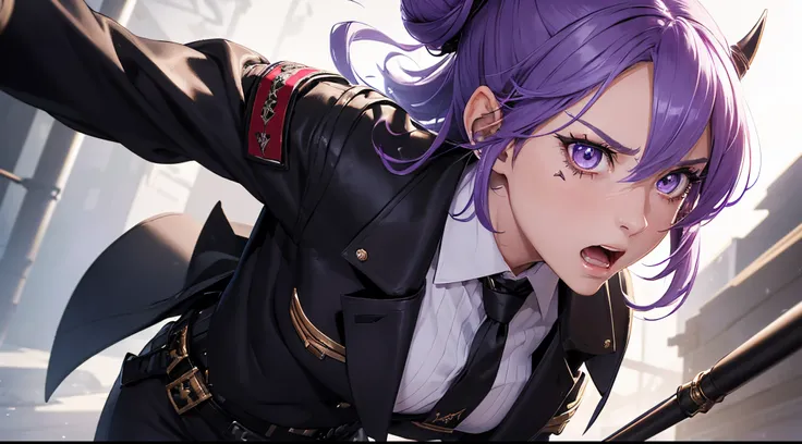 masterpiece, high quality, (1girl), character concept art, close up photo, portrait, (detailed face, detailed eyes, detailed body:1.3), ARKNIGHTS, sci-fi knights, young girl, anthro, flat chest, purple hair color, hair bun haircut, oni demon features, (oni...