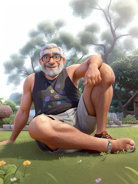 A 60-year-old man sitting in a garden with his legs crossed, one of his hands on his knee, measuring 1m and 80m, dark-skinned hair, gray beard and mustache, black beach glasses, floral shorts, gray tank top, dark-skinned man, smiling