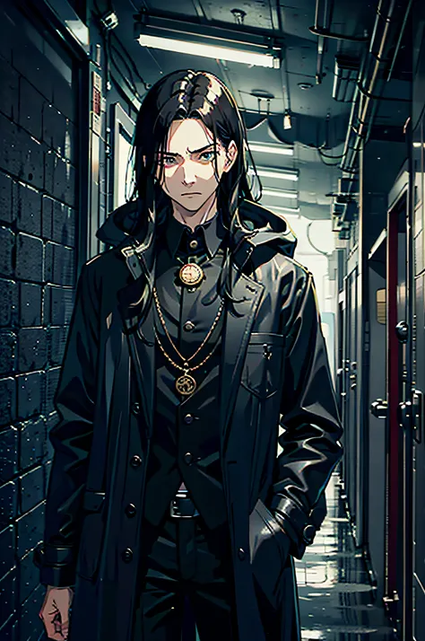 young guy, long black hair, pale face, classic suit, pocket watch, black leather raincoat, cruel look, energy aura