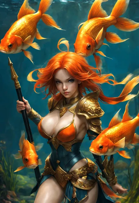 A Spearman Goldfish, weapons, fantasy world, perfect body, perfect face, HD