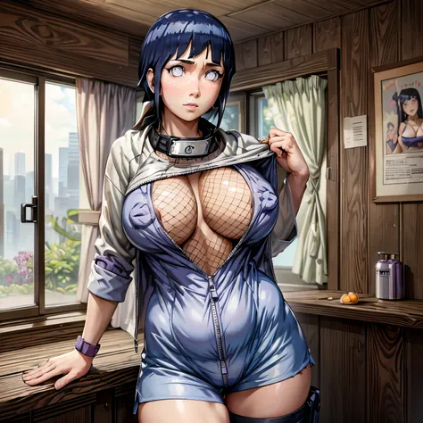 Masterpiece, highres, high Quality, detailed face, detailed body render, 1girl, solo, hyuuga hinata, hinata-sleeveless-outfit, large breasts, big breast, sleeveless shirt, fishnet top, dark lips, unzipped jacket, no bra, breasts out, nipple, standing, blus...