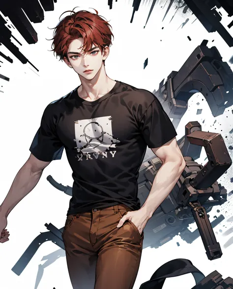 White background, tall, anime art style, messy and short dark red hair, pale skin, Asian, teenager, masculine, male, black T-shirt, brown pants