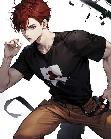 White background, tall, anime art style, messy and short dark red hair, pale skin, Asian, teenager, masculine, male, black T-shirt, brown pants