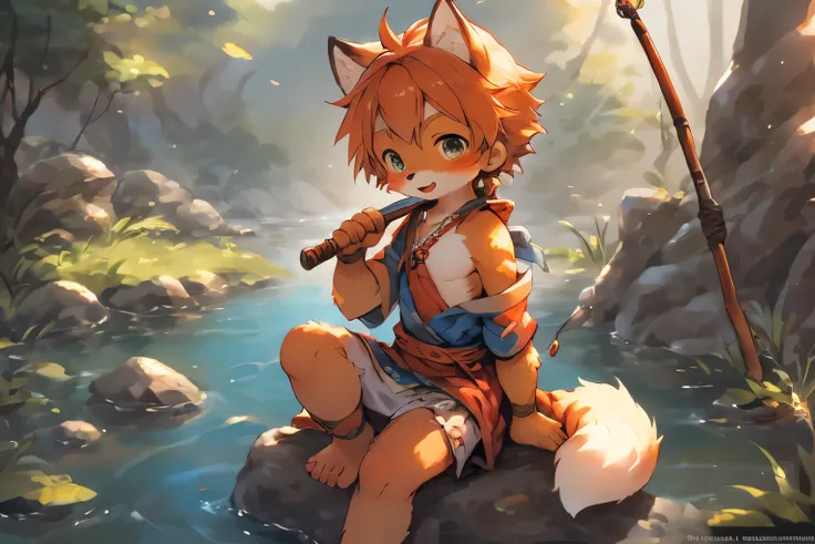 Anime style illustration of fox fishing with fishing rod in river, Cute and detailed digital art, Very very beautiful furry art, Detailed fanart, high-quality wallpaper, dress up as a fisherman 🧥, furry fantasy art, Popular topics on artstation pixiv, High...