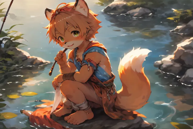 Anime style illustration of fox fishing with fishing rod in river, Cute and detailed digital art, Very very beautiful furry art, Detailed fanart, high-quality wallpaper, dress up as a fisherman 🧥, furry fantasy art, Popular topics on artstation pixiv, High...