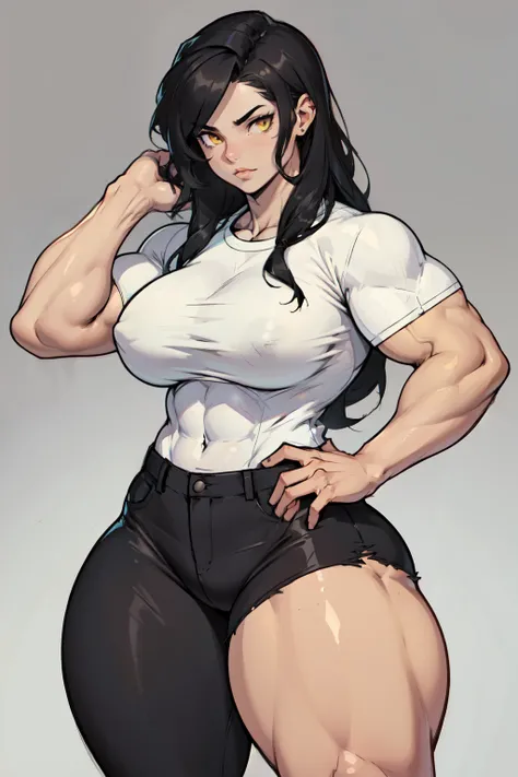 ((((muscular 1girl)))) ((((thick thighs toned body)))) (pale skin) black hair yellow eyes very long hair tight shirt tight pants breasts