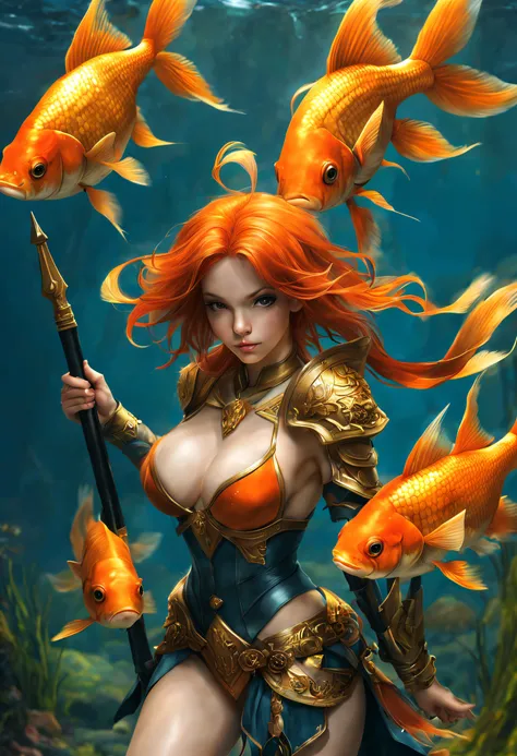 A Spearman Goldfish, weapons, fantasy world, perfect body, perfect face, HD