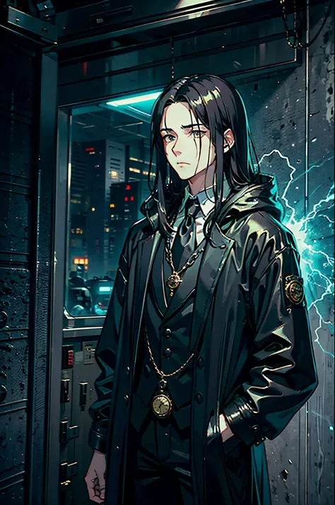 young guy, long black hair, pale face, classic suit, pocket watch, black leather raincoat, cruel look, energy aura