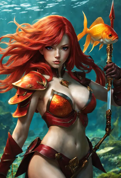 A Spearman Goldfish,  red hair, weapons, fantasy world, perfect body, perfect face, HD