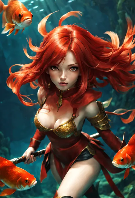 A Spearman Goldfish,  red hair, weapons, fantasy world, perfect body, perfect face, HD