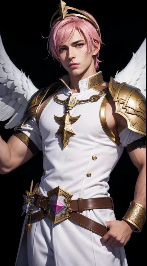 (absurdres, highres, ultra detailed, HDR), masterpiece, best quality, Valkyrie Profile Character handsome boy in white Valkyrie suit short hair wearing headgear pink hair