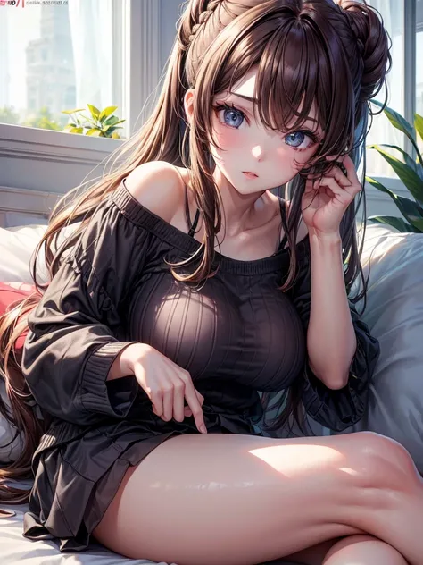 lie down, ((Best quality, 8k, Masterpiece :1.3)), 1girl, Pretty woman with emphasizing slender abs :1.3, (random hairstyles, Huge breasts :1.2), Casual outfit :1.2, Indoor, Ultra-detailed face, Detailed eyes, Double eyelid