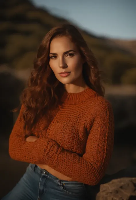 profesional, (Foto 4K:1.1)  (foco nítido:1.3), High detail, Llevar (Knitted sweater:1.2), Hermosa cara detallada, Pretty woman with long red hair looks at the camera , Panasonic Lumix s pro 50mm f/1.4, Anne Stokes, Salpicadura de color, naranja oscuro y es...