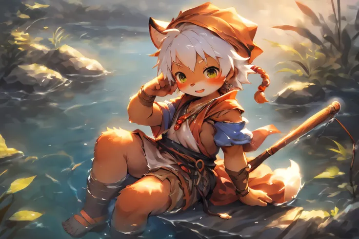 Anime style illustration of fox fishing with fishing rod in river,Half immersed in water， Cute and detailed digital art, Very very beautiful furry art, Detailed fanart, high-quality wallpaper, dress up as a fisherman 🧥, furry fantasy art, Popular topics on...