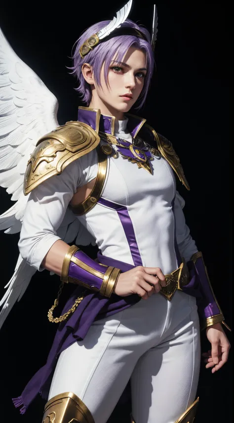 (absurdres, highres, ultra detailed, HDR), masterpiece, best quality, Valkyrie Profile Character handsome boy in white Valkyrie suit short hair wearing headgear purple hair