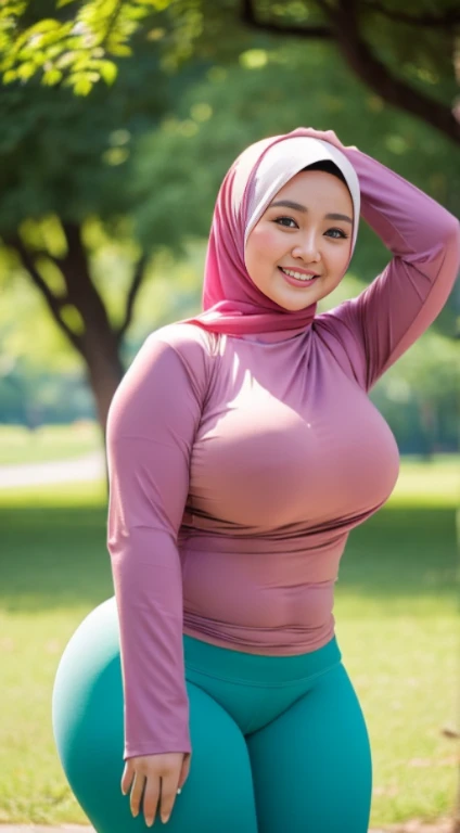 masterpiece, high quality photos, detailed photos, beautiful chubby Malay woman wearing a hijab, has super plump breasts, wearing a tight t-shirt, sexy leggings, big buttocks, posing smiling in the park, detailed body description, detailed facial descripti...